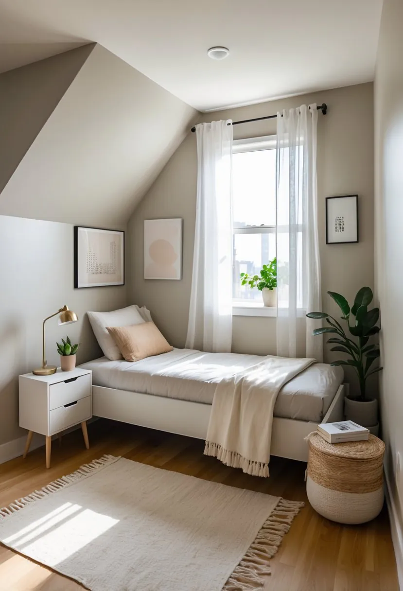 Small bedroom with angled walls featuring a bed, bedside table, dresser, and window letting in natural light.