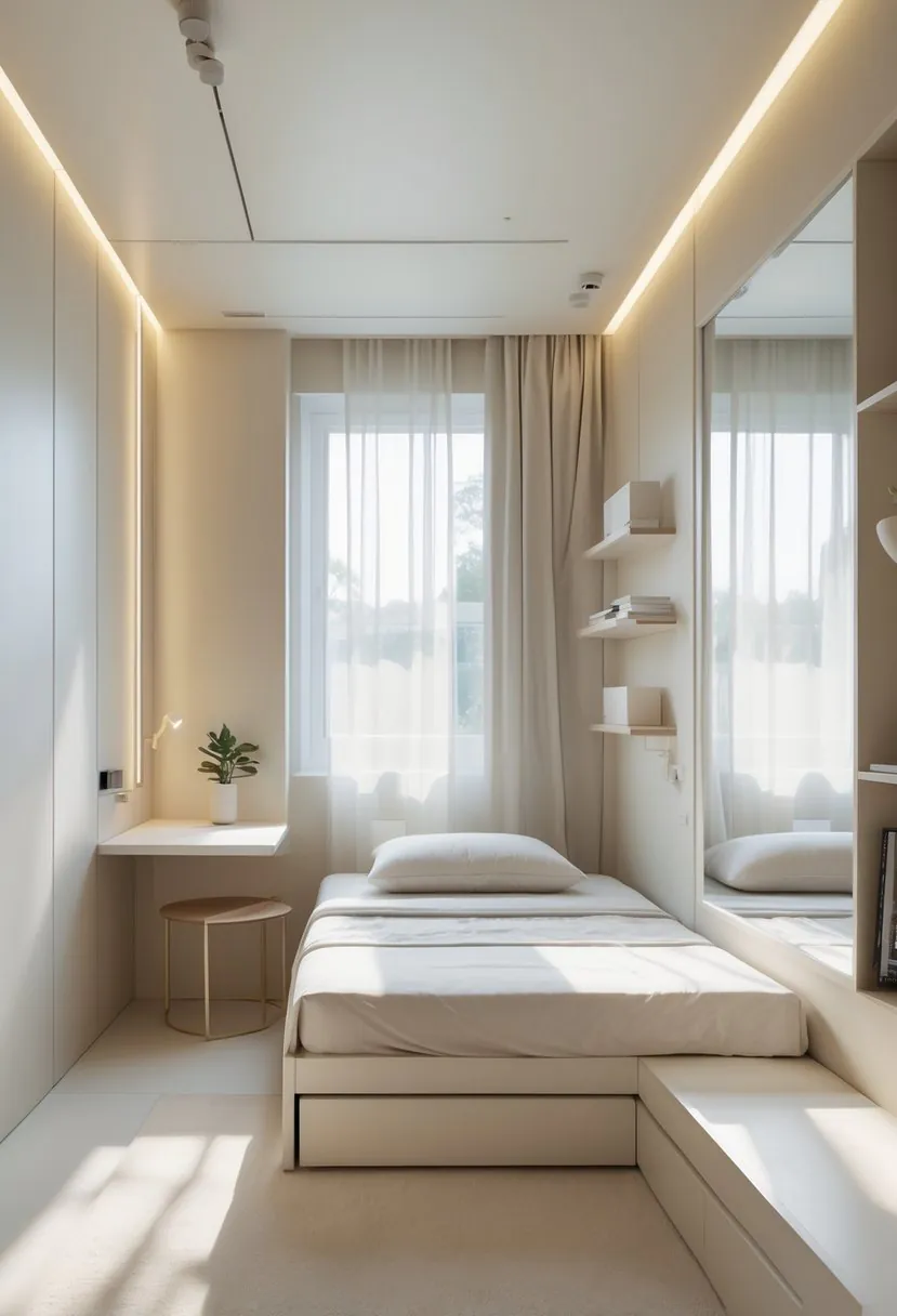 A small bedroom with light colors, a bed with storage underneath, large mirrors on the walls, a foldable desk, wall shelves, and natural light coming through a window.