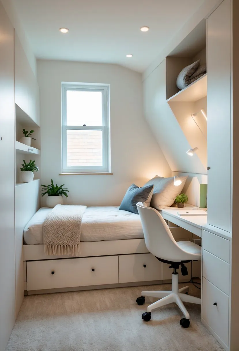 A small bedroom with an angled wall, a neatly made bed, built-in shelves, a desk with a chair, plants, and natural light coming through a window.
