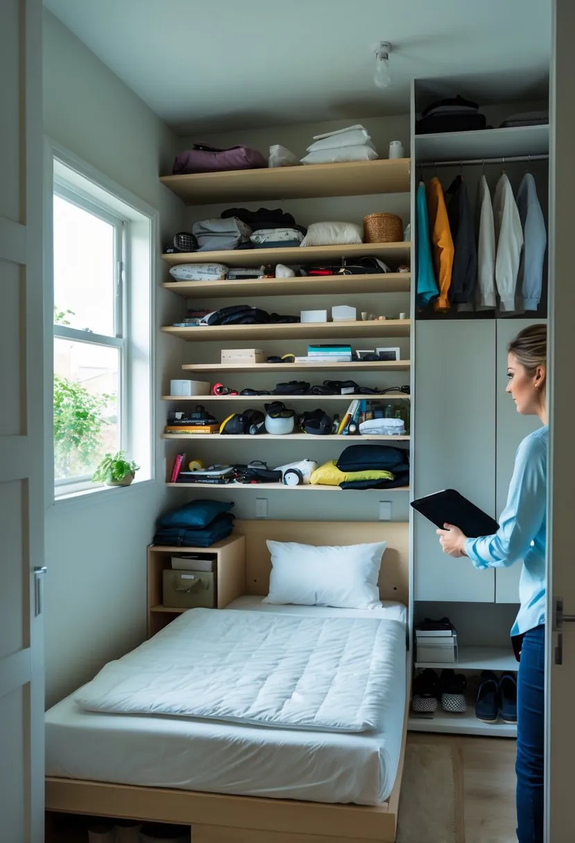 Small bedroom with cluttered shelves and a bulky wardrobe making the space feel cramped, with a person examining the room.