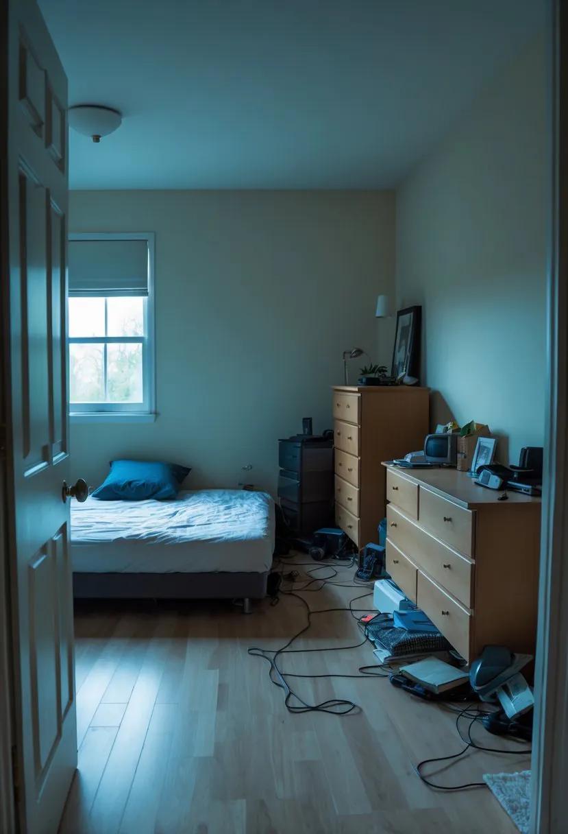 A small bedroom with a bed against the wall, bulky furniture, and cluttered surfaces making the space feel cramped and crowded.